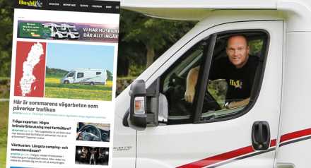 skärmdump på husbil och husvagns sajt och man som sitter i alkovbil