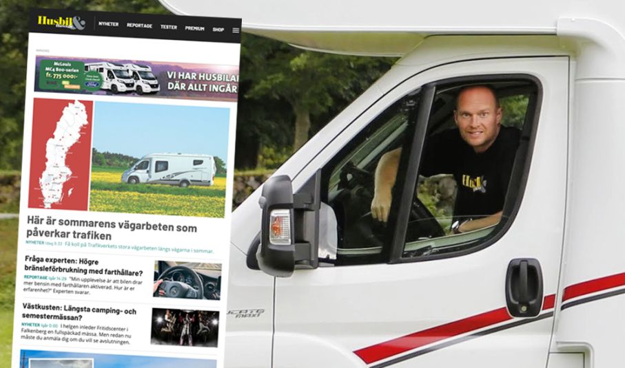 Husbil & Husvagns chefredaktör Jimmie Öbom hoppas att fler och fler upptäcker tidningens sajt. skärmdump på husbil och husvagns sajt och man som sitter i alkovbil