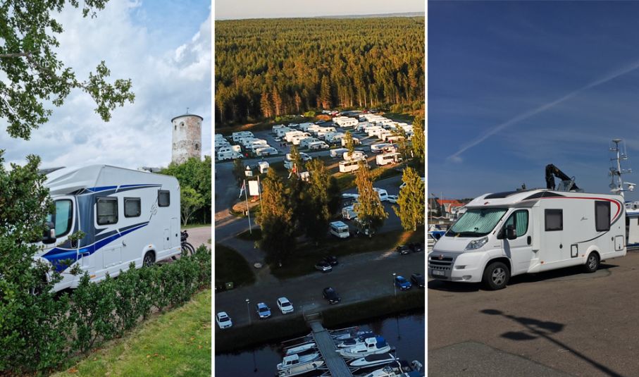 Stegeborg, Jävre och Hönö Klåva blev årets ställplats 2021, 2020 och 2019. Tre bilder med husbilar intill varandra