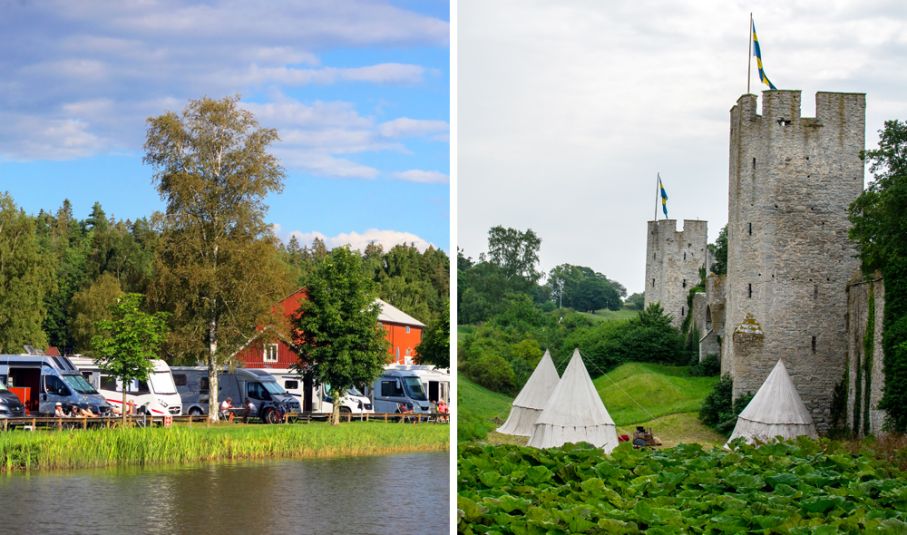 Göta kanal och ringmuren i Visby finns med på listan. husbilar vid vatten och tält intill gammal ringmur