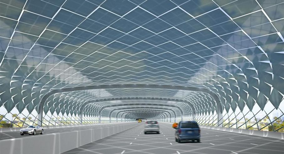 Så här skulle en "antibullertunnel" kunna se ut. Skissen kommer från ett tidigare projekt som föreslog en motorvägstunnel med solceller ovanpå i Los Angeles. Illustration: Måns Tham Arkitekt.