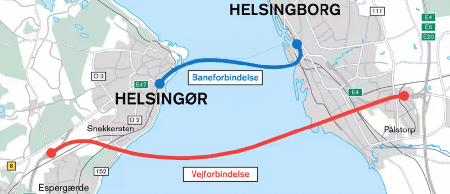 Planen är att bygga en biltunnel med två rör (rött streck) och en tågtunnel med ytterligare två rör (blått streck)