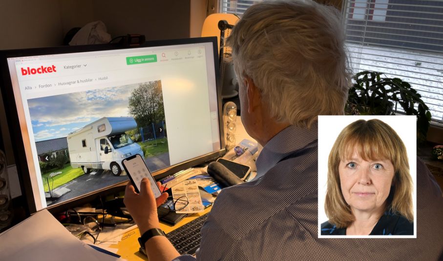 Bedragarna kontaktar ägarna till husbilar som ligger ute på Blocket och erbjuder sig att agera förmedlare. (Bilden är arrangerad) Man tittar på husbils på Blocket med telefon i handen. Infälld bild Lotta Mauritzson polis