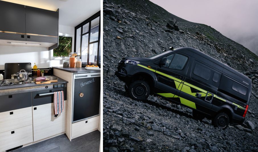 Bloggarnas pris: Chausson 660 hamnar på tredje plats (här köket) och Hymer Grand Canyon S CrossOver tar hem förstapriset. Kök i husbil intill plåtis från Hymer som kör i grustag