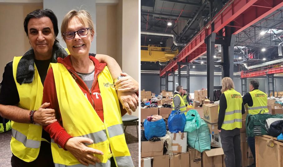 Nori Kino A Demand for Action och Annika Elgeskog är på plats i Warszava för att hjälpa flyktingar från Ukraina. Nori Kino och Annika Elegeskog, människor som tittar ut över insamling