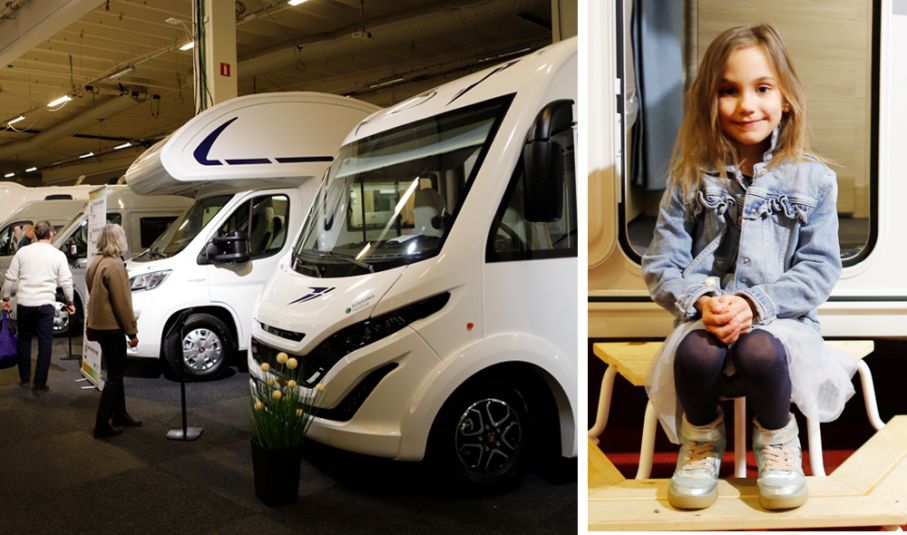 Emilia var med sin familj och tittade på husvagnar på mässan i Kista. Husbilar på rad och liten flicka på insteg