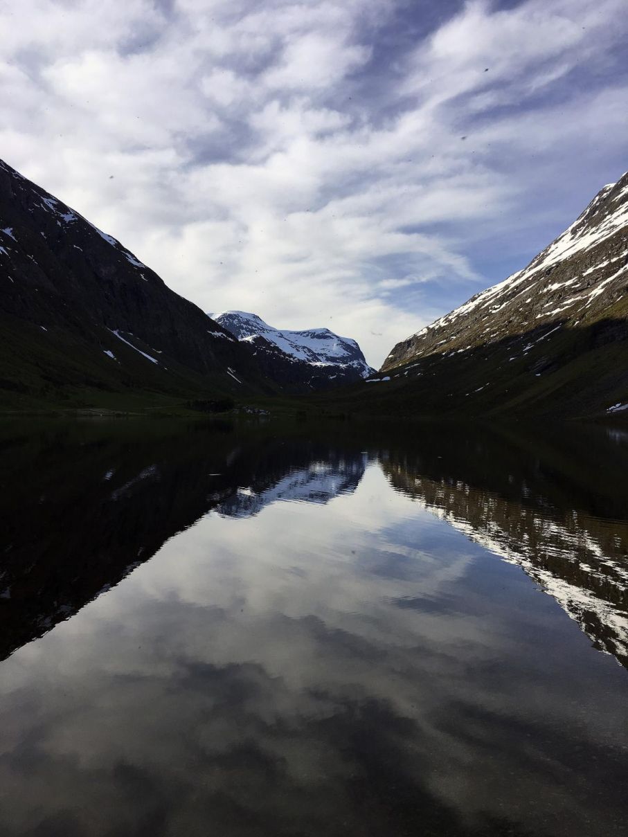 Vy innan vi når Geirangerfjordens vindlande nedfart.